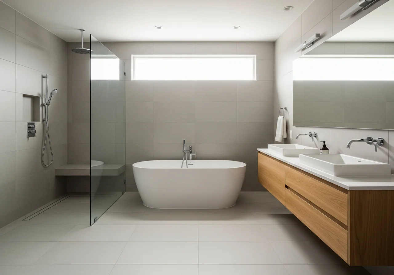 Luxury modern bathroom with freestanding tub, walk-in shower, and double vanity