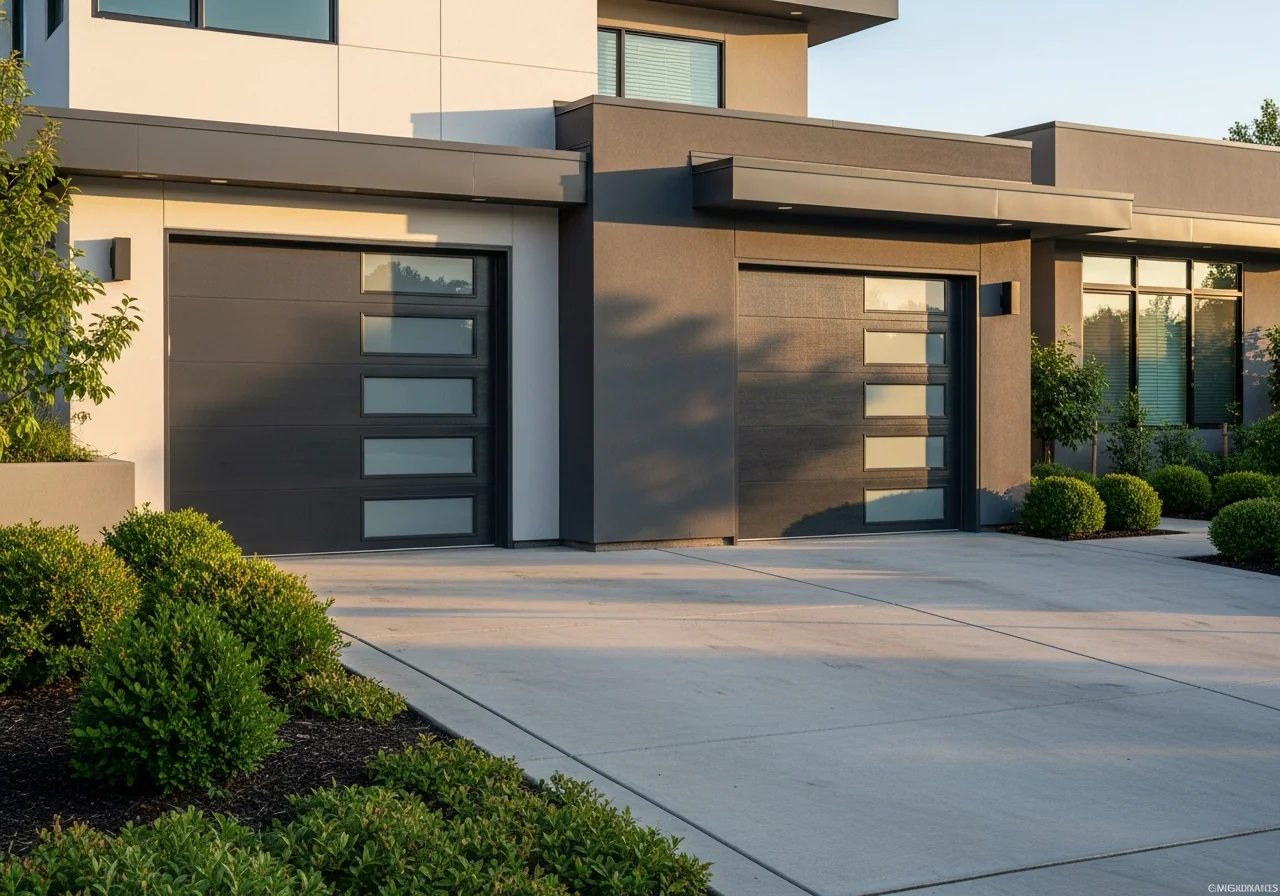 Modern home with two sleek dark gray sectional garage doors and clean driveway