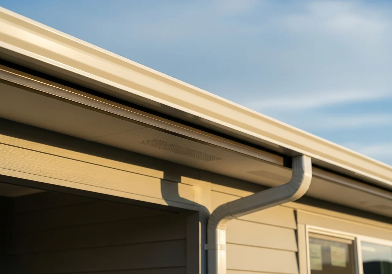 Pristine white seamless aluminum gutters along the roofline of a contemporary home