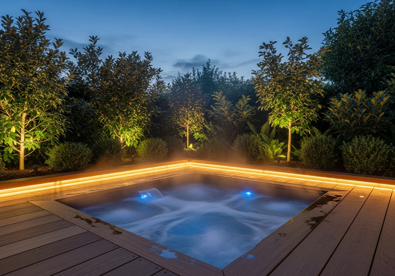 Modern hot tub with steaming water on a wooden deck at twilight