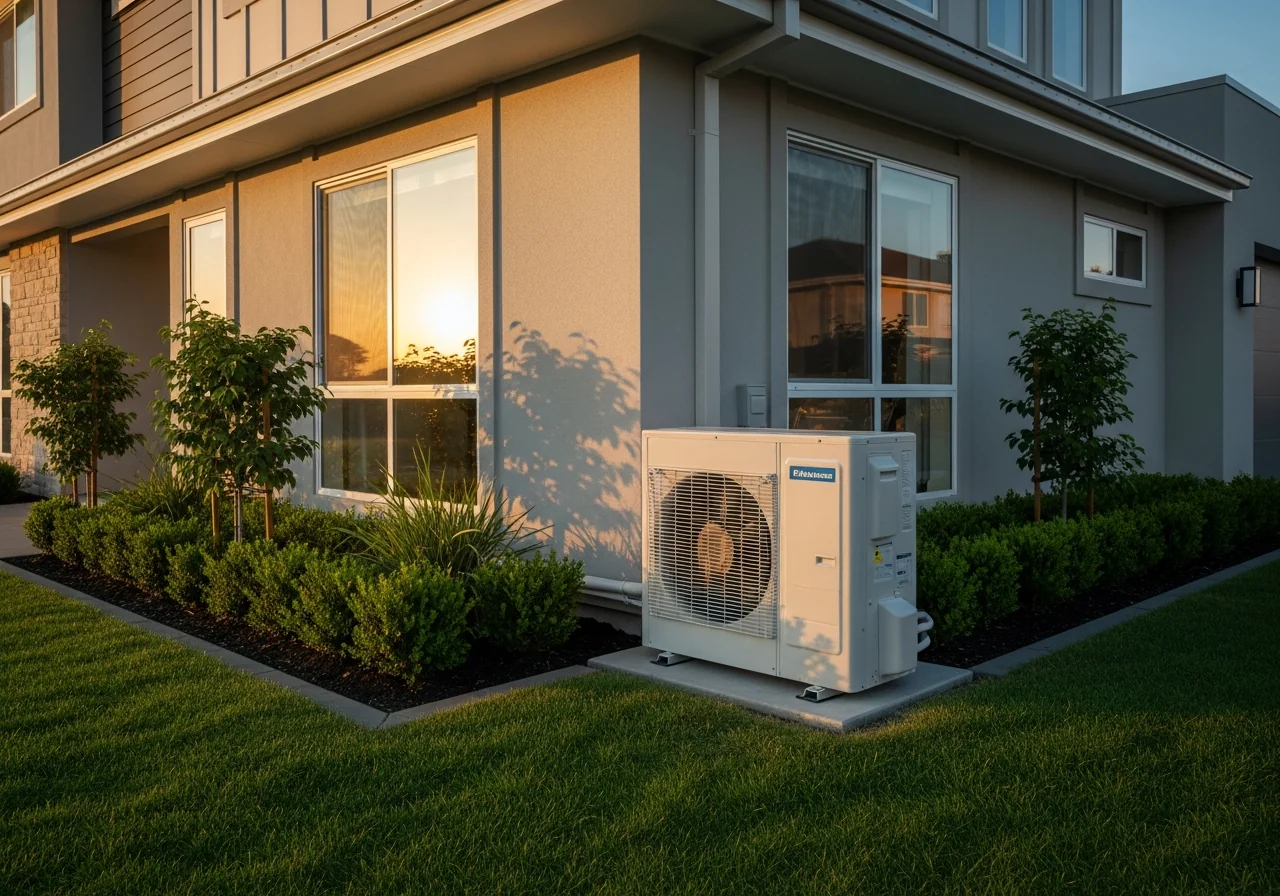 Modern outdoor air conditioning condenser beside a contemporary home