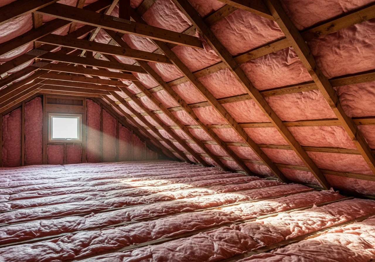Pink fiberglass insulation batts neatly installed between attic roof rafters
