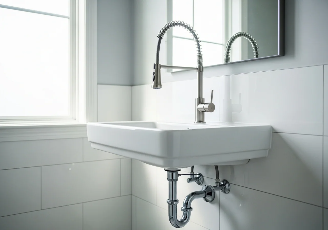 Modern bathroom with brushed nickel faucet and clean plumbing fixtures