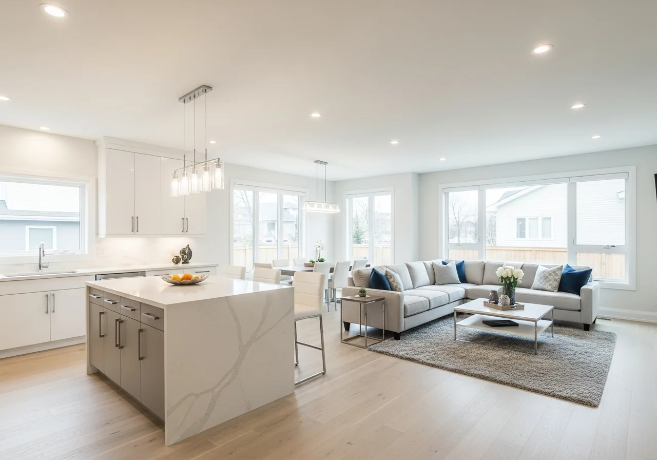 Beautifully renovated open-concept modern home interior with kitchen and living area
