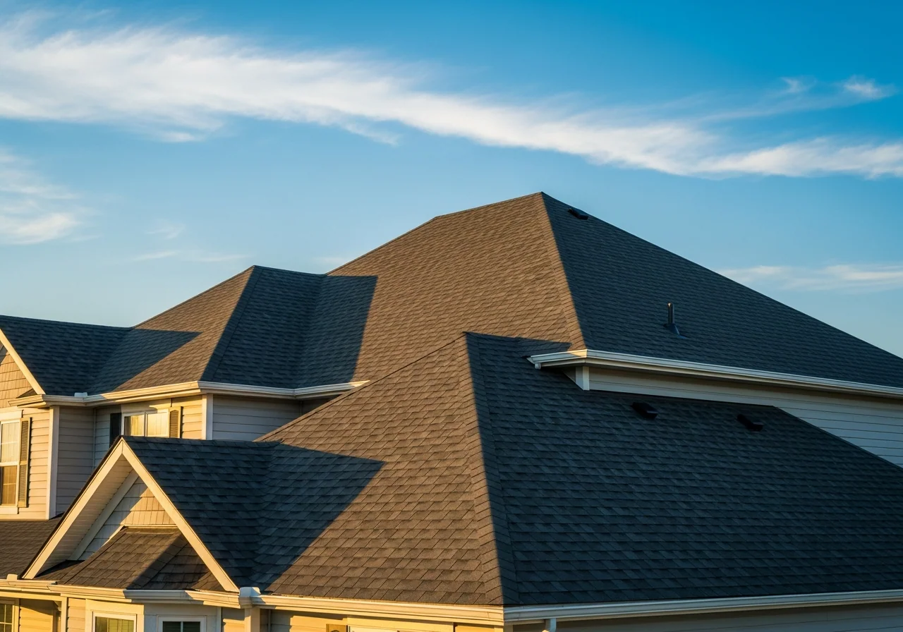 Freshly installed dark gray asphalt shingle roof on a suburban two-story home