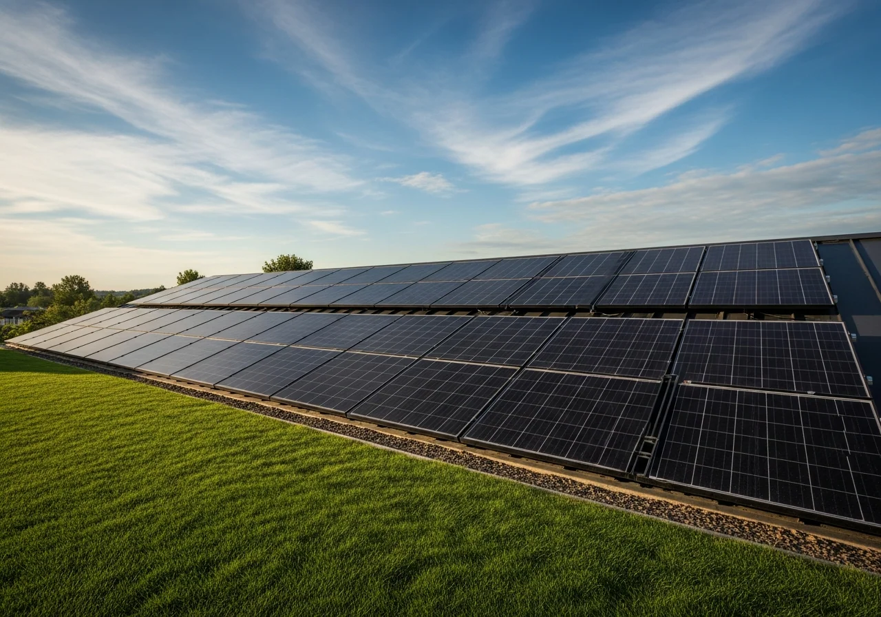 Dark monocrystalline solar panels installed on the roof of a modern suburban home