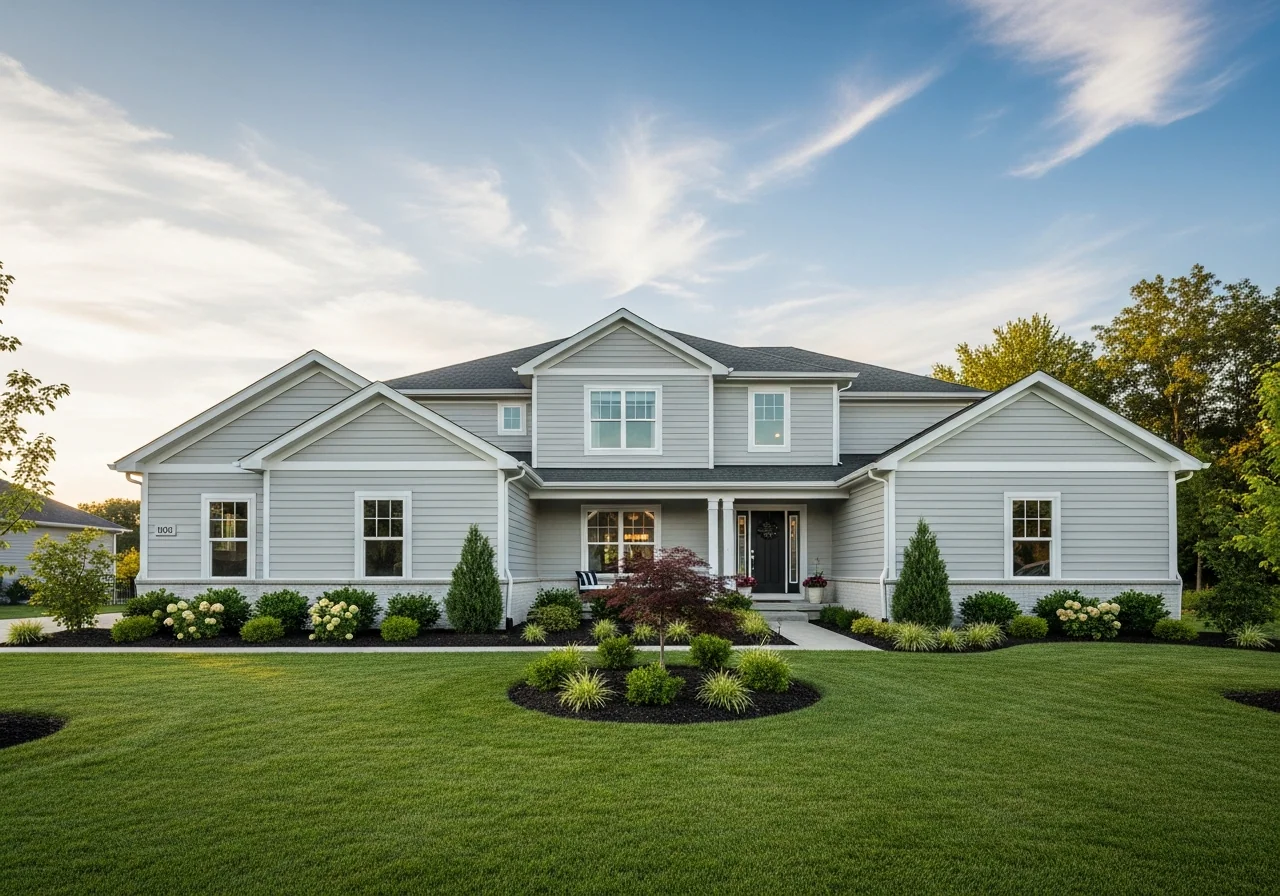 Well-maintained modern American suburban home with neutral siding and landscaping