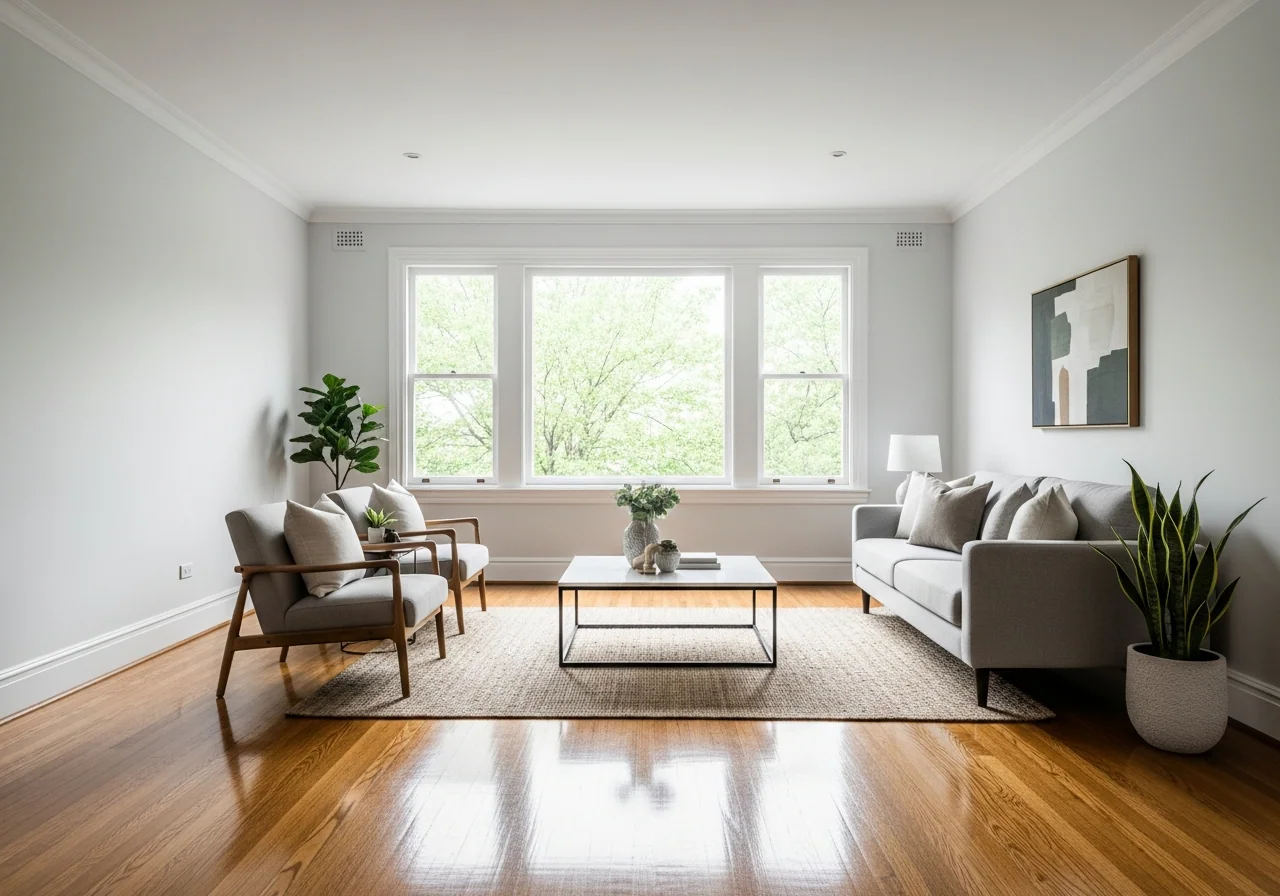 Freshly restored bright modern living room with pristine walls and hardwood floors