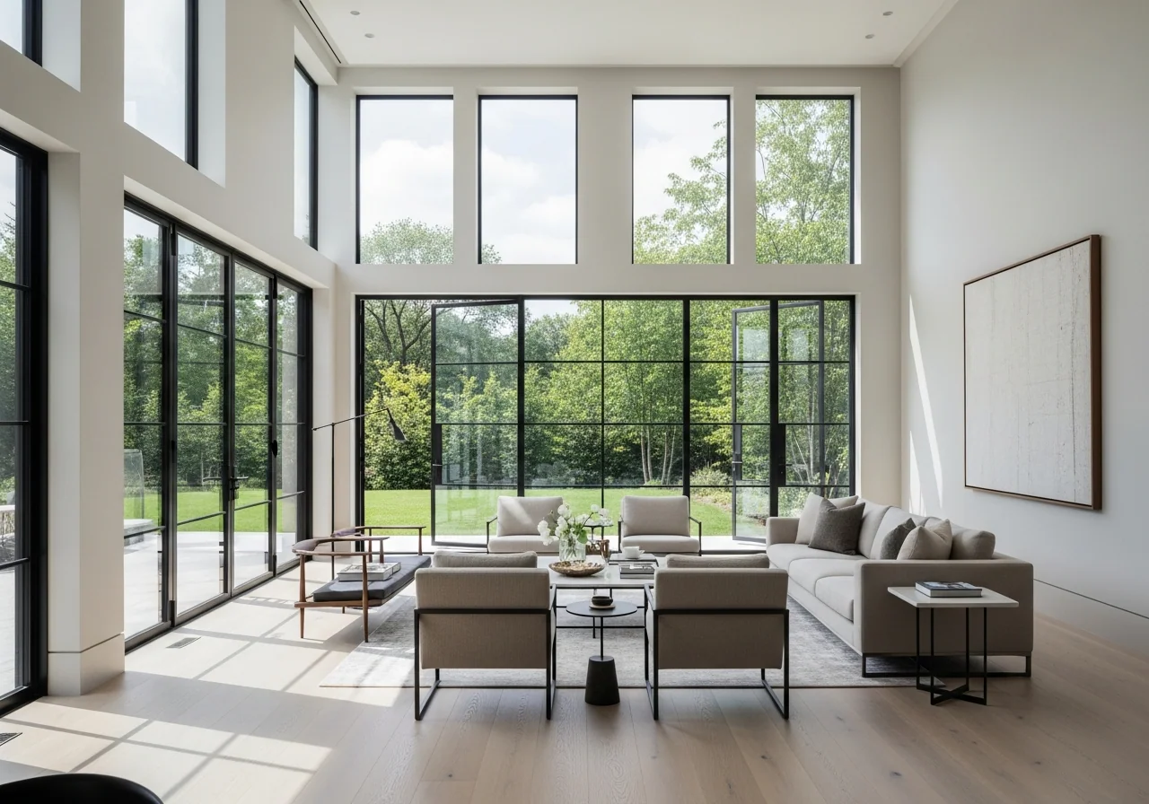 Bright contemporary living room with large floor-to-ceiling black-frame windows